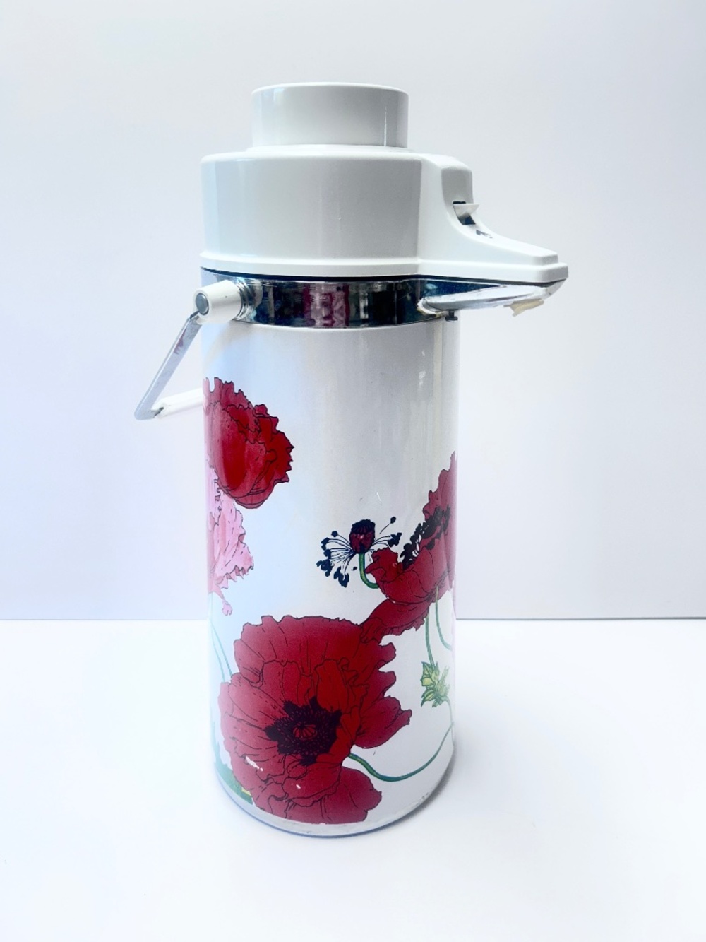 Vintage 1970s Air Pot Pump Vacuum Hot Cold Dispenser Red/Pink Flowers